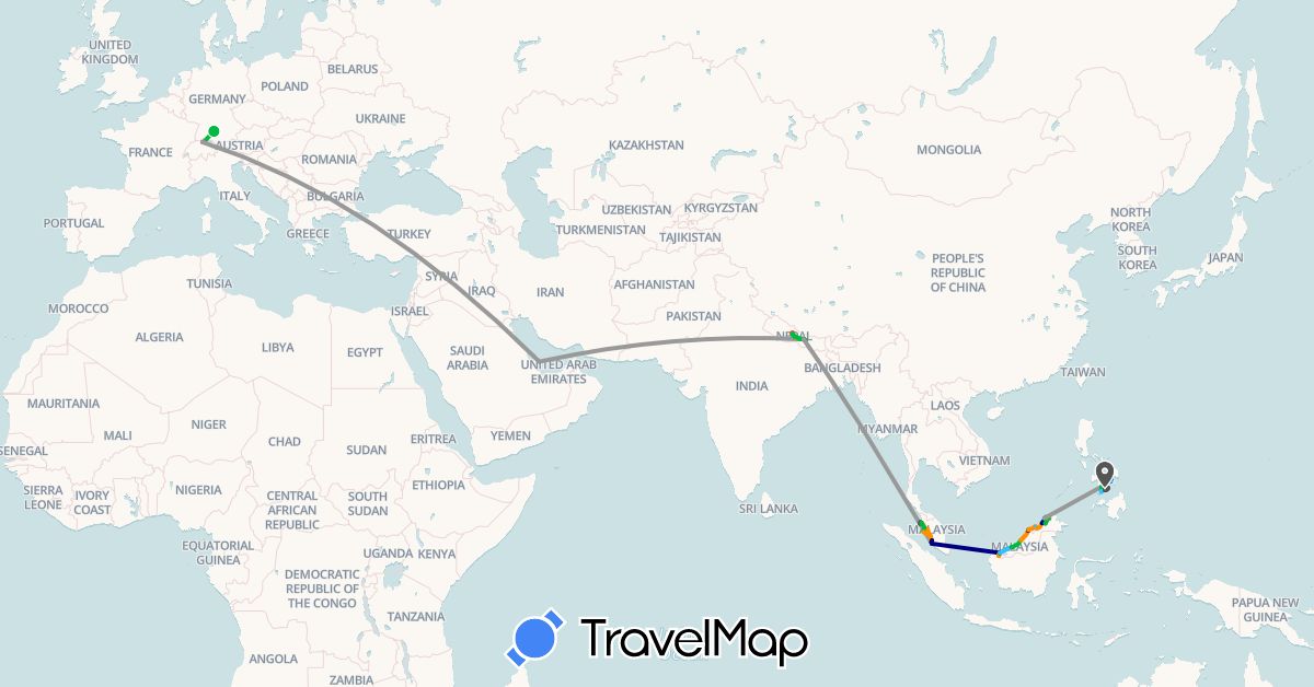 TravelMap itinerary: driving, bus, plane, train, hiking, boat, hitchhiking, motorbike in Brunei, Switzerland, Germany, Malaysia, Nepal, Philippines, Qatar (Asia, Europe)